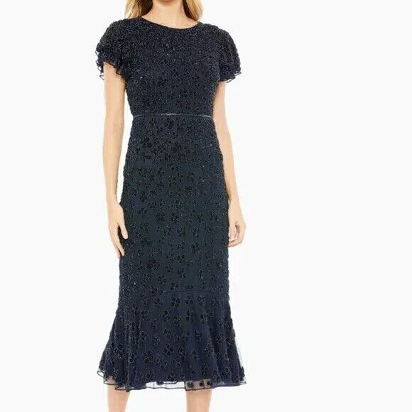 NWT Mac‎ Duggal 10771 Hand Beaded Flounce Sleeve Midi Dress Black - Picture 3 of 9